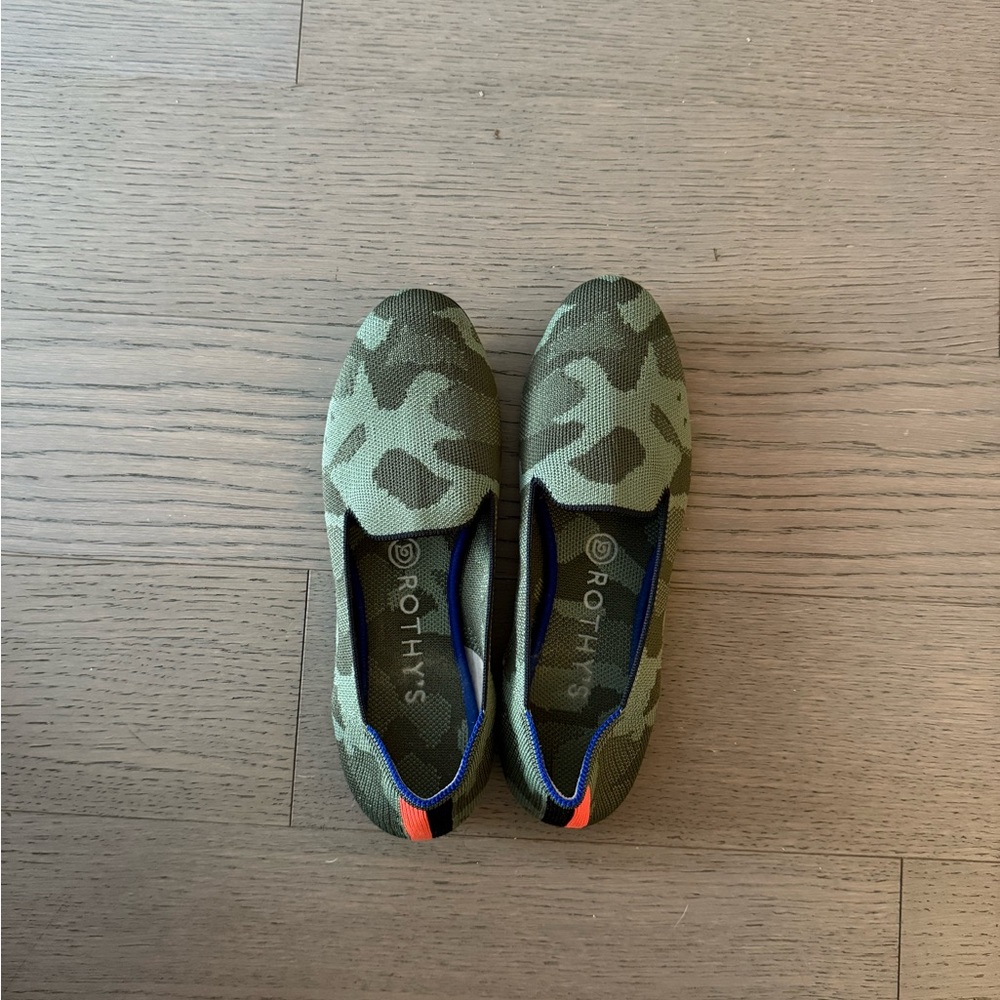 Rothy's Green Camouflage Flats with Orange Detail